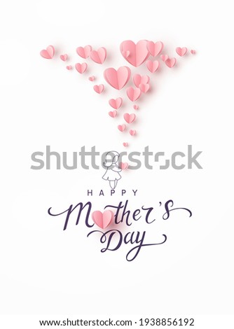 Mother's day greeting card. Vector banner with girl and flying pink paper hearts. Symbols of love on white background
