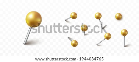 Pin set with shadow isolated on transparent background. Vector 3d gold plastic pushpins, metal sewing needles or golden board tacks for paper notice