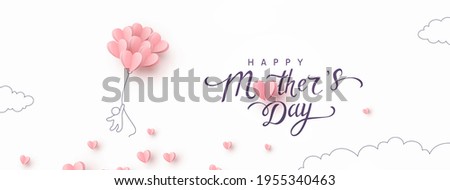 Mother postcard with flying man and pink balloons on white background. Vector paper symbols of love in shape of heart for Happy Mother's Day greeting card design