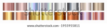 Gold rose, silver, holographic, bronze, copper and golden foil texture gradation background set. Vector shiny hologram and metalic gradient collection for border, frame, ribbon, label design