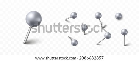 Pin set with shadow isolated on transparent background. Vector 3d silver plastic pushpins, metal sewing needles or gray metallic board tacks for paper notice