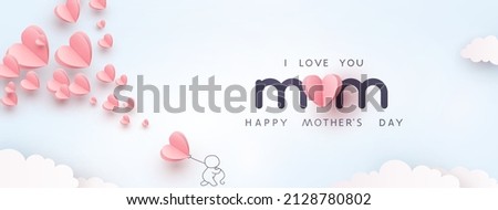 Mother postcard with paper flying elements, man and balloon on blue sky background. Vector symbols of love in shape of heart for Happy Mother's Day greeting card design Stock fotó © 