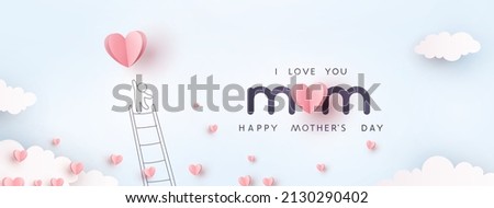 Mum postcard with paper flying elements, man and balloon on blue sky background. Vector symbols of love in shape of heart for Happy Mother's Day greeting card design Stock fotó © 