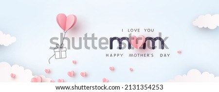 Mother's day postcard with paper flying elements and gift box on blue sky background. Vector symbols of love in shape of heart for greeting card design Imagine de stoc © 