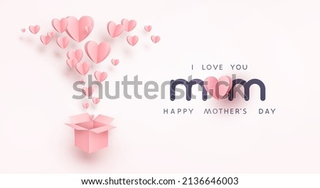 Mother's day postcard with paper flying elements and gift box on pink  background. Vector symbols of love in shape of heart for mum greeting card design Stock fotó © 