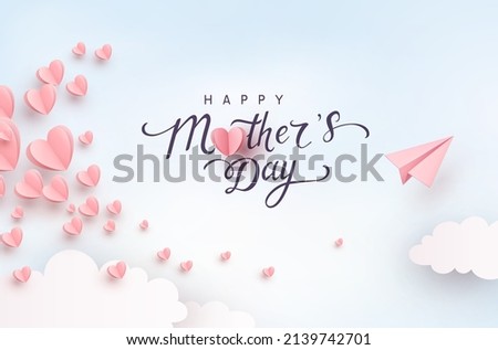 Mother's day postcard with paper flying elements and plane on blue sky background. Vector pink symbols of love in shape of heart, airplane for mum greeting card design Stock fotó © 