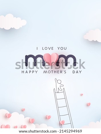 Mum postcard with paper flying elements, child and balloon on blue sky background. Vector symbols of love in shape of heart for Happy Mother's Day greeting card design Stock fotó © 