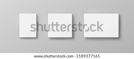 Blank paper sheets, picture canvas, wall displays isolated on gray background. Vector white posters with shadow A4 format mockup. Plastic banners, business cards or labels set