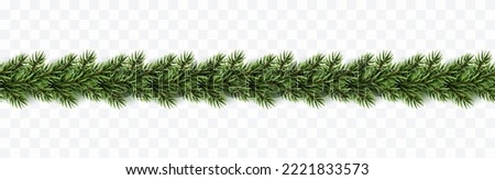 Christmas tree garland seamless banner. Border with green fir branches isolated on transparent background. Vector pine, xmas evergreen plants element template