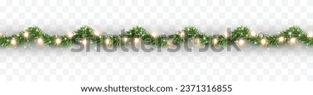 Border with green fir branches and gold lights isolated on transparent background. Pine, xmas evergreen plants seamless banner. Vector Christmas tree garland decoration