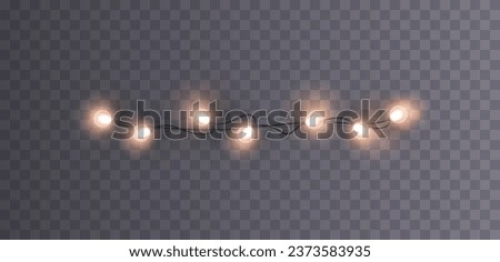 Lights bulbs border isolated on transparent background. Glowing white fairy Christmas garland string. Vector New Year party led lamps decoration