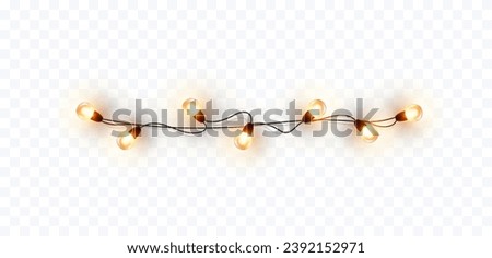 Lights bulbs border isolated on transparent background. Glowing fairy Christmas garland string. Vector New Year party led lamps decoration