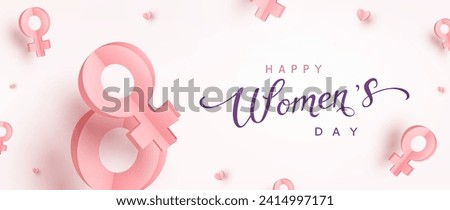 Women's Day greeting card or banner with woman 3d pink flying paper female symbols. Vector 8 March international holiday poster template