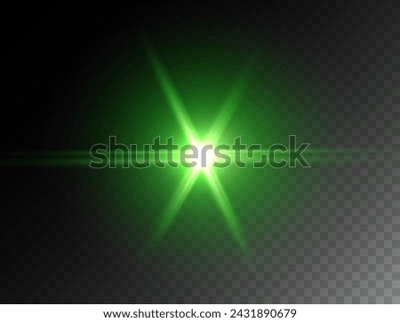 Flare light effect isolated on transparent background. Green flash lense rays and spotlight beam. Glow star burst or vector magic flash at night	