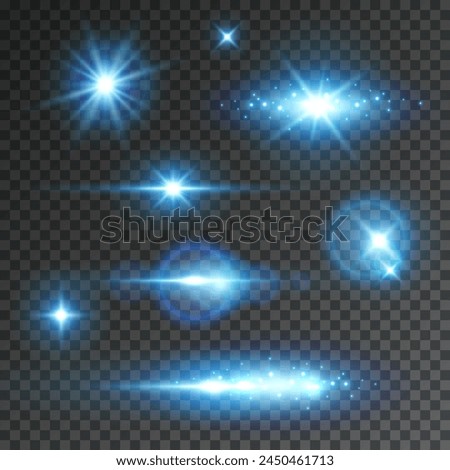 Light effects, stars burst, sparkles isolated on transparent background. Glow stage flash with rays. Vector blue spotlights set. Shine projector beams.