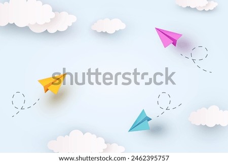 School or children sky cloudy background. 3d flying yellow, blue and pink paper airplanes. Vector cartoon color kids planes in air