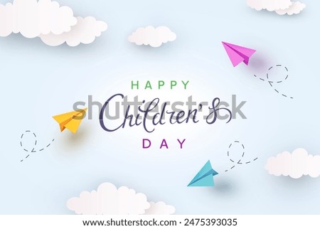 Children's Day with flying colorful 3d paper airplanes on sky cloudy  background. Vector cartoon color kids planes, origami toys in air poster template	