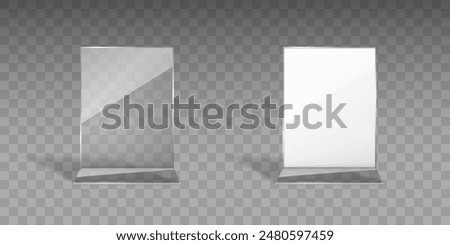 Stand or acrylic table tent, white card holder isolated on transparent background. Vector empty flyer glass display. Plastic frame of photo, paper sheet mock up or restaurant menu