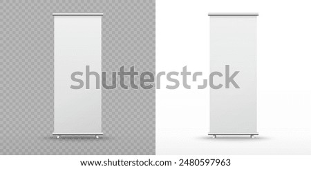 Roll up banner stand isolated on transparent and white backgrounds. Vector blank display mockup for presentation, exhibition product template