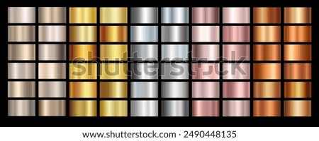 Gold rose, silver, bronze, copper and golden foil texture gradation background set. Vector shiny and metalic gradient collection for border, frame, ribbon, label design