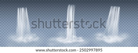 Waterfall cascade with fog isolated on transparent background. Vector 3d water fall pattern, landscape mountain elements design
