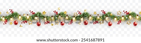 Border with green fir branches, red balls, berries, gold lights and stars isolated on transparent background. Pine, xmas evergreen plants seamless banner. Vector Christmas tree garland decoration