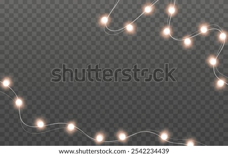 Lights bulbs isolated on transparent background. Glowing fairy Christmas garland strings. Vector New Year party led lamps, corner decorations