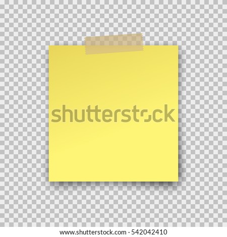 Post note paper sticker isolated on transparent background. Vector yellow office memo pin on translucent sticky tape with shadow.