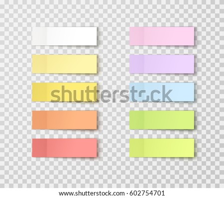 Post note stickers isolated on transparent background. Vector post paper sticky tape set with shadow template.