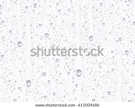 Water rain drops or steam shower isolated on white background. Realistic pure droplets condensed. Vector clear vapor bubbles on window glass surface for your design 商業照片 © 
