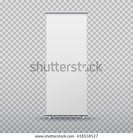 Roll up banner stand isolated on transparent background. Vector empty white show display mock up for presentation or exhibition your product. Vertical blank roll up board for trade advertising design