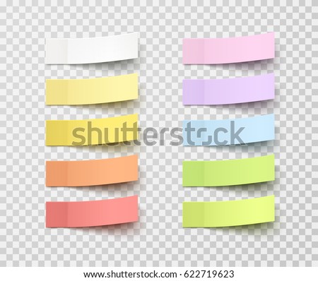 Post note stickers isolated on transparent background. Vector color paper sticky memos with shadow template.