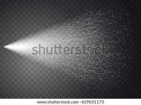 Transparent water shower effect. Realistic fountain splash for grass, air freshener isolated on transparent background. White powder spray. Vector mist particles stream for your design