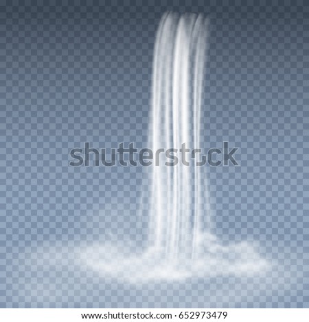 Waterfall cascade isolated on transparent background. Realistic nature waterfall with fog. Falling stream of pure liquid. Vector water fall pattern for exotic landscape mountain design