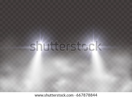 Car headlight effect in fog isolated on transparent background. Realistic white glow round transport headlights in smoke. Vector bright car lights with mist at night for your design.
