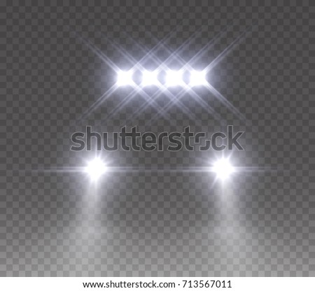 Led bar offroad effect front view. Realistic white glow rally car headlights isolated on transparent background. Vector bright car light beams for race design.