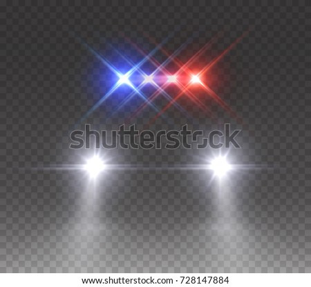 Police headlights flares and siren effect front view. Realistic emergency car lights isolated on transparent background. Vector special red blue bar beams at night 
