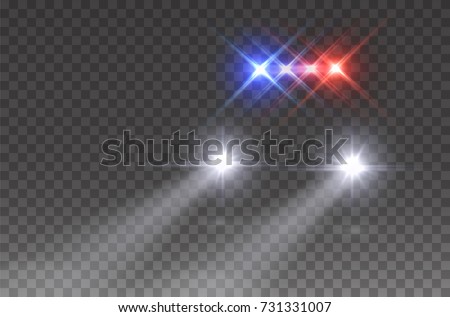 Lights flares and siren effect front view. Realistic white led glow car headlights isolated on transparent background. Vector bright special red blue police light beams at night for your design.
