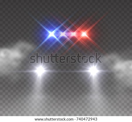 Headlights flares and siren effect front view. Realistic white glow headlights isolated on fog transparent background. Vector special red blue police car light beams at night with smoke.
