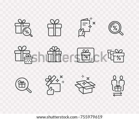 Gift box, present, discount offer line icon set isolated on transparent background. Price tag, gift card, search sale signs. Vector outline stroke symbols for christmas, New Year surprise design