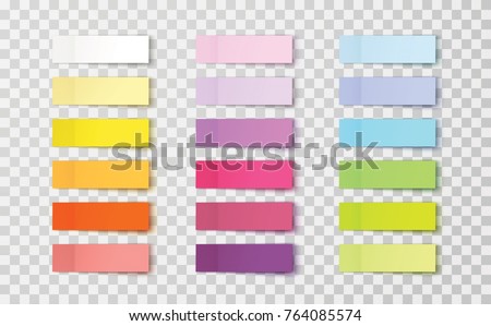Post note stickers isolated on transparent background. Vector color sticky tapes with shadow template.