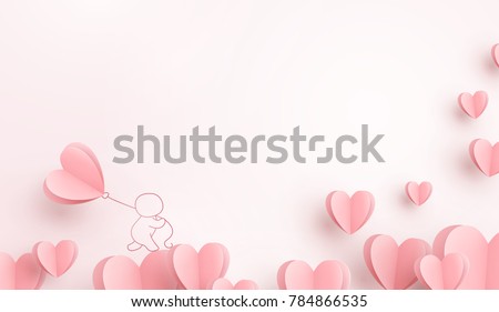 Valentines hearts with man holding balloon. Paper flying elements on pink background postcard. Vector symbols of love in shape of heart for Happy Women, Valentine's Day, birthday greeting card design.