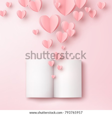 Valentines hearts with open blank book, magazine or catalog. Paper flying elements on pink background. Vector symbols of love in shape of heart for Happy Women's, Valentine's Day greeting card design.
