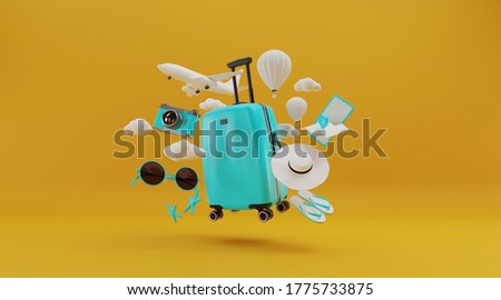 Traveling suitcase with smartphone and travel accessories on yellow background. travel concept. 3d rendering.