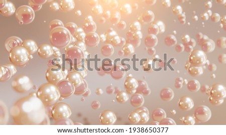 Golden and Pink liquid bubbles floating in air. Collagen bubbles. Concept for cosmetics. 3d Cosmetic molecule cream.