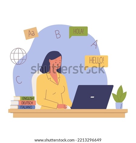 Studying foreign language. Woman learning language online. School foreign language. Vector cartoon illustration