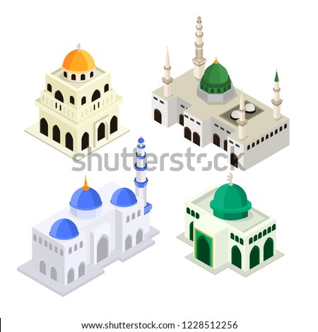 Set Mosque Islamic Worship Building Isometric Flat 3D Vector Illustration