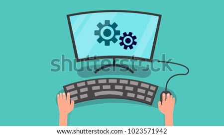 Hands using computer to config system vector illustration.Setting personal computer concept