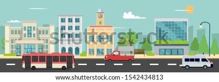 City street and company buildings , minibus and van on street vector illustration, a flat style design. Business buildings and public bus stop in urban.