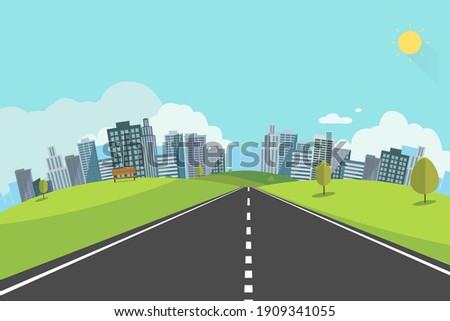 Cityscape scene with road , trees and sky background vector illustration.Main street to town concept.Urban scene with nature background.Cityscape with natural road and hills